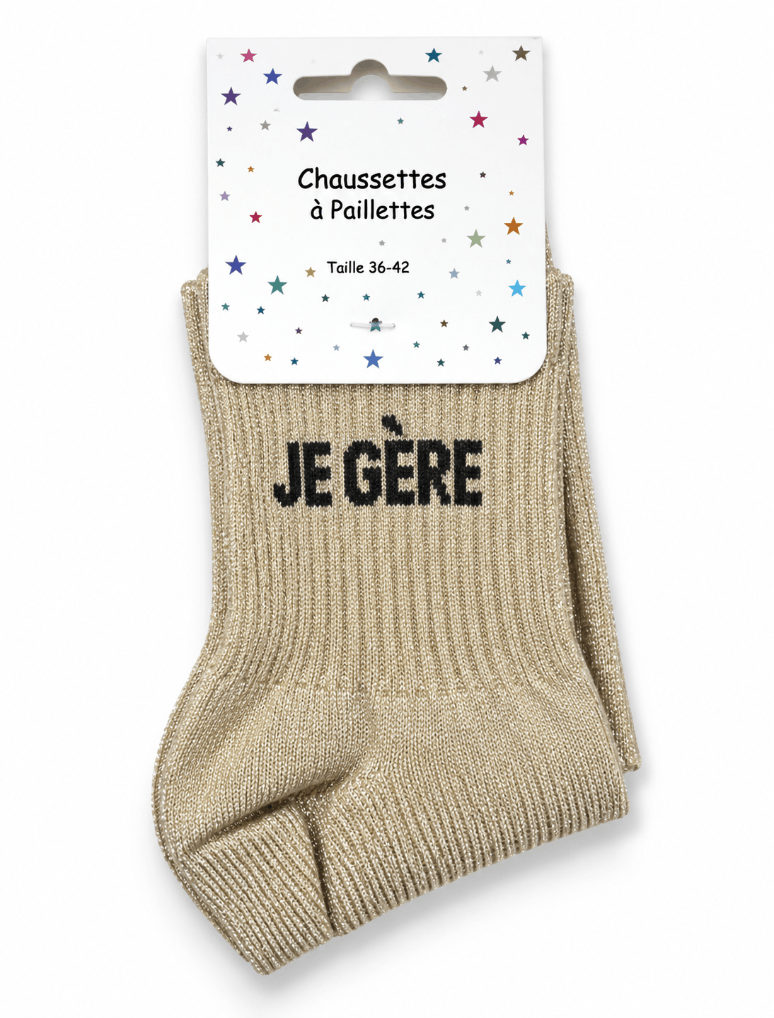 Chaussettes "je gère" à paillettes beiges emballage