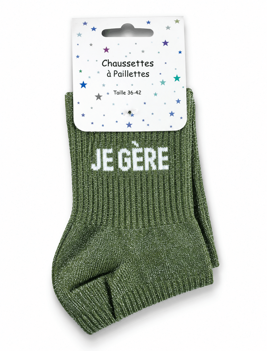 Chaussettes "je gère" à paillettes vertes emballage
