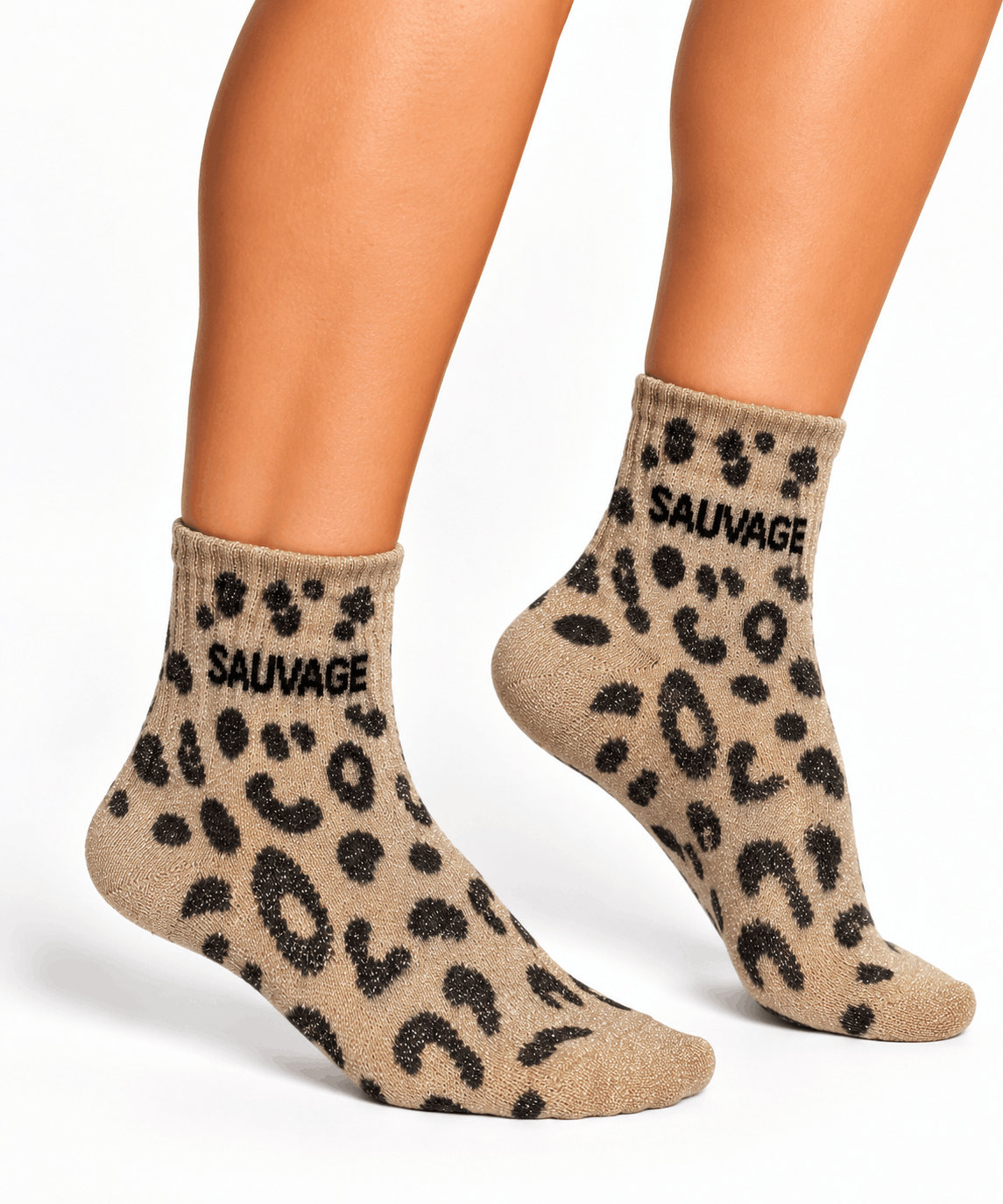 Chaussette sauvage à paillettes beiges claires portées