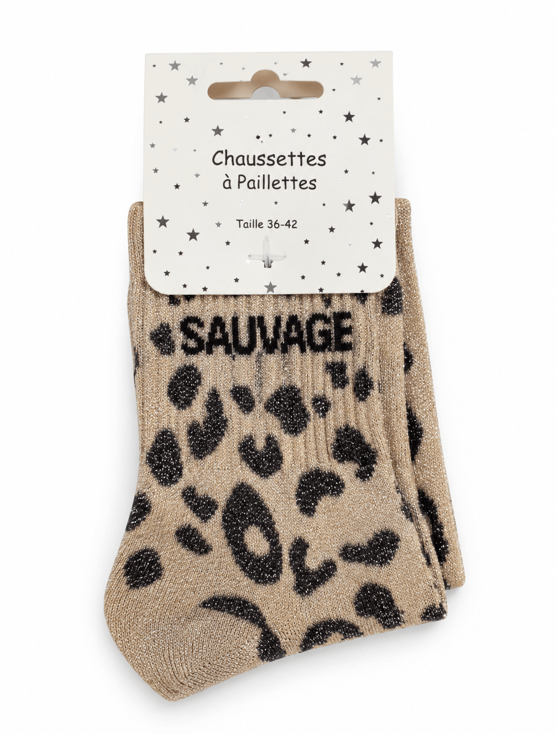 Chaussette sauvage à paillettes beiges claires emballage