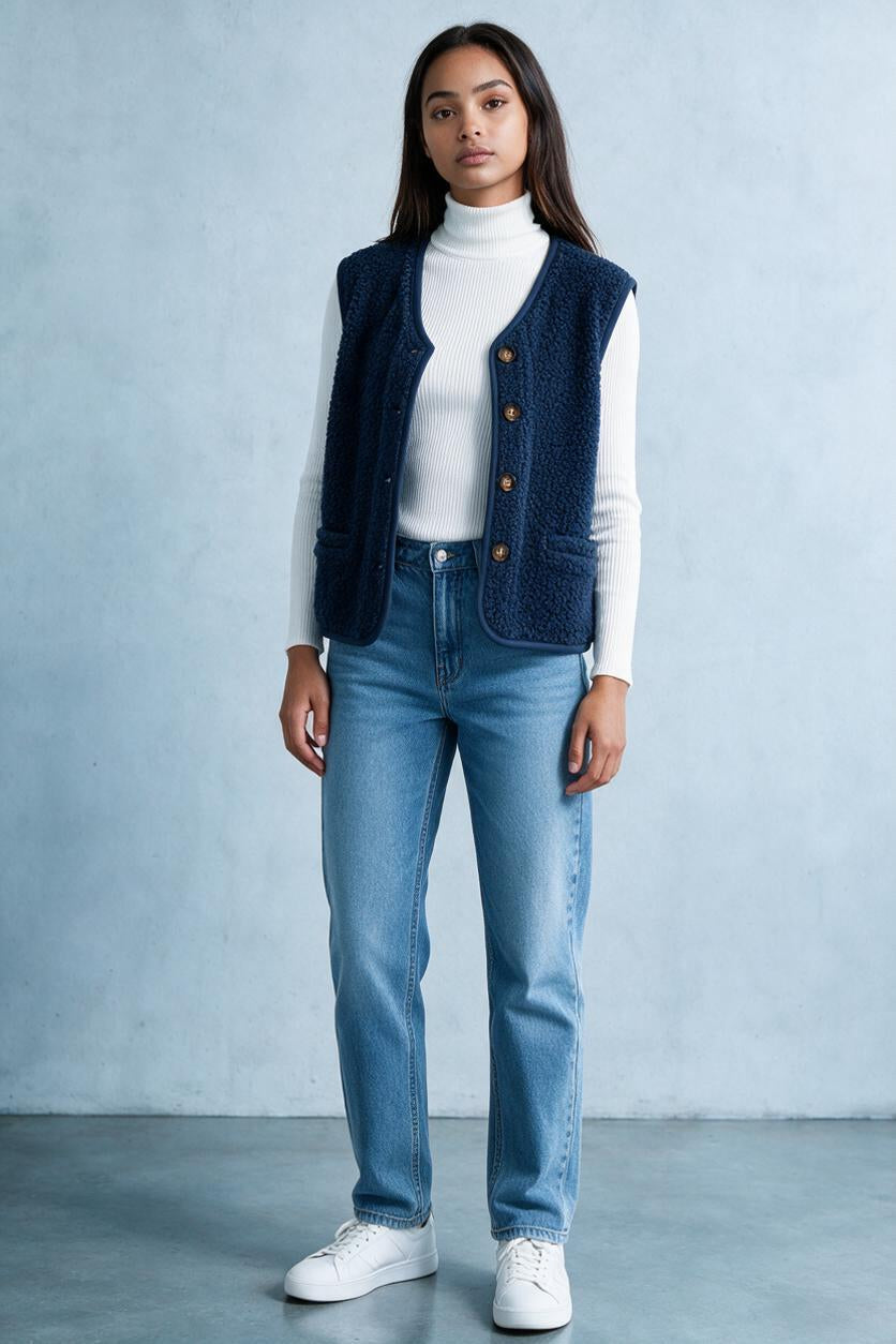 Gilet nature sans manches bleu marine porté ouvert sur col roulé blanc et jean droit bleu, femme, Ma Petite Fantaisie