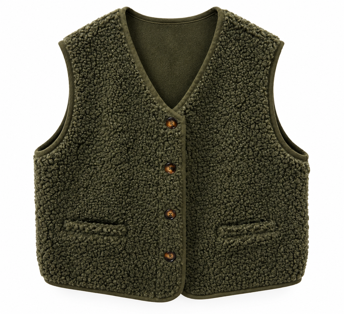 Gilet nature sans manches kaki femme — face bouclé et face suédine, 4 boutons, Ma Petite Fantaisie