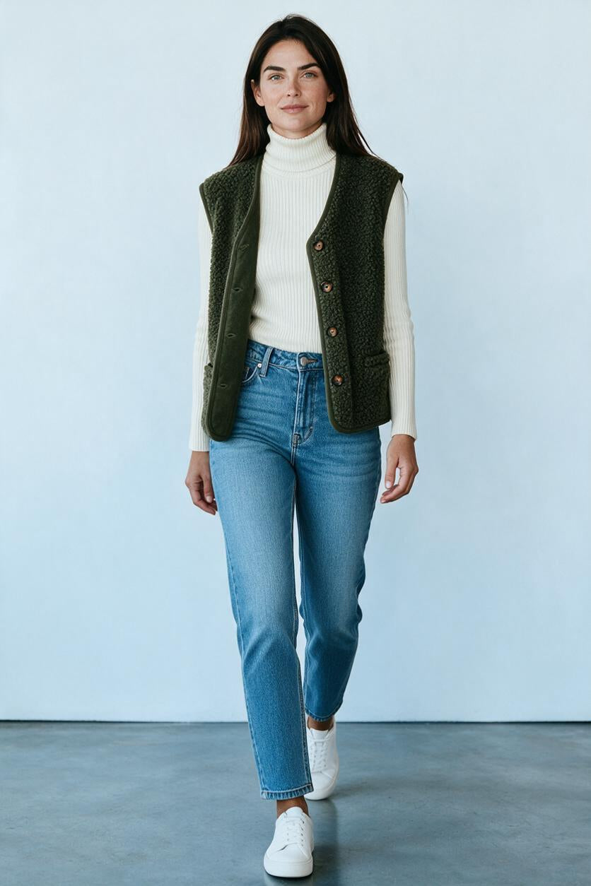Gilet nature sans manches kaki porté ouvert sur col roulé ivoire et jean droit bleu, femme, Ma Petite Fantaisie