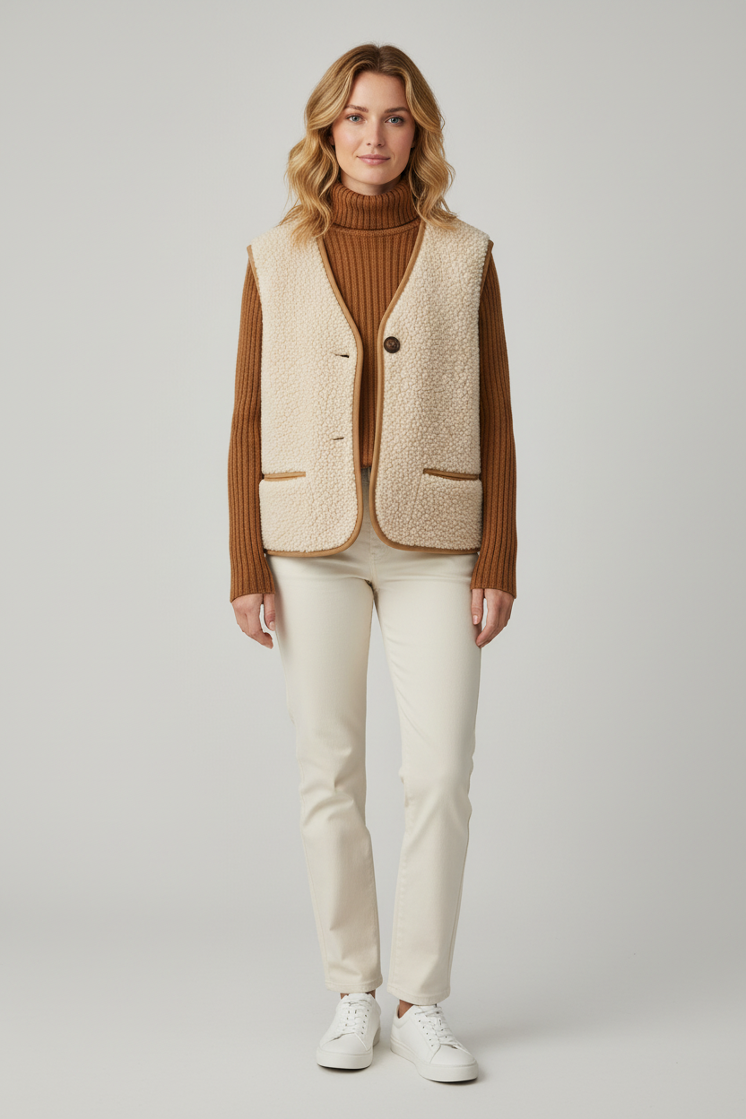 Gilet réversible femme sans manches bouclé crème porté ouvert sur col roulé caramel et pantalon crème, look monochrome chic automne hiver fond studio