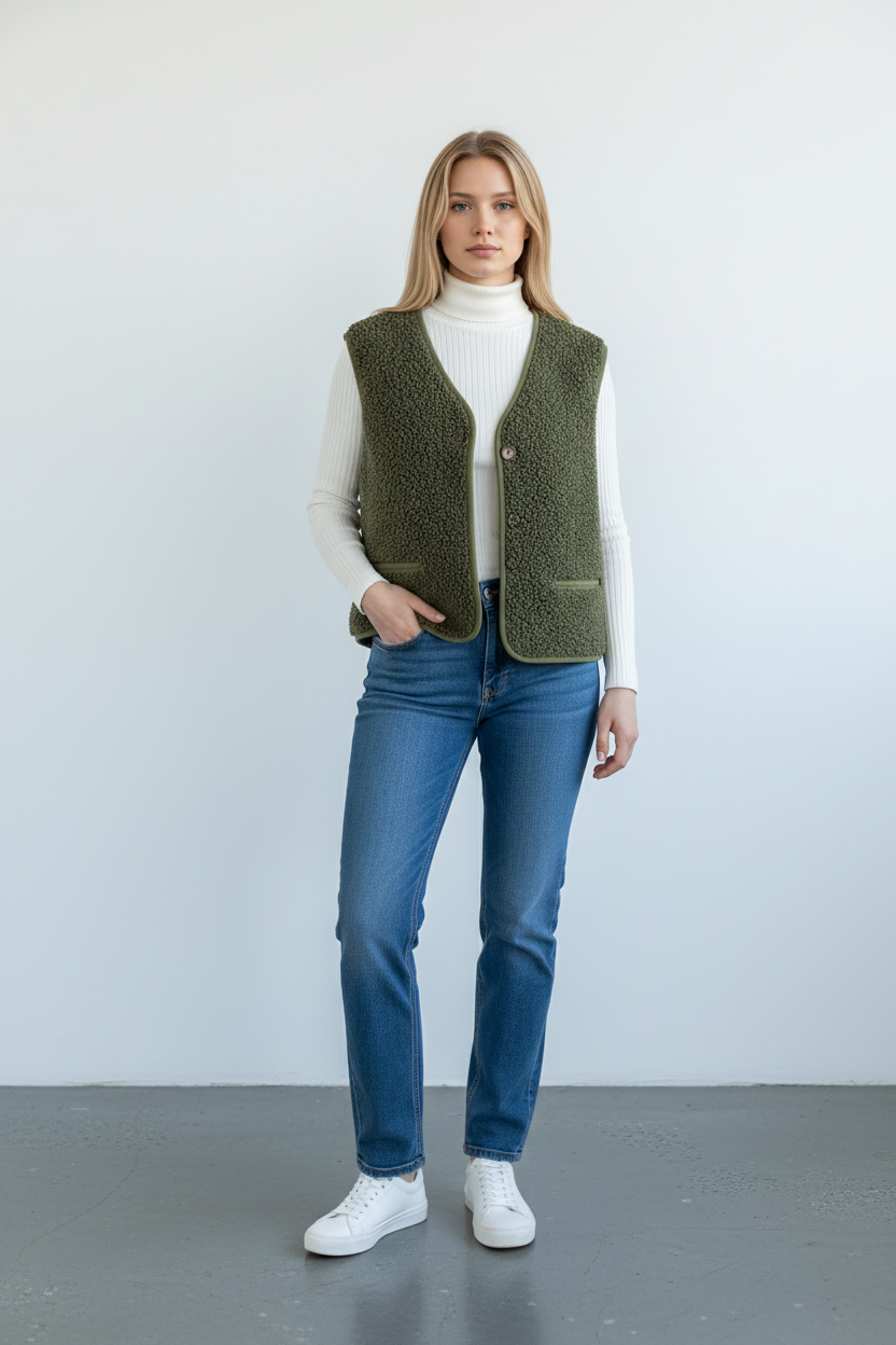 Gilet réversible femme sans manches teddy porté avec col roulé blanc et jean droit, tenue automne hiver casual chic