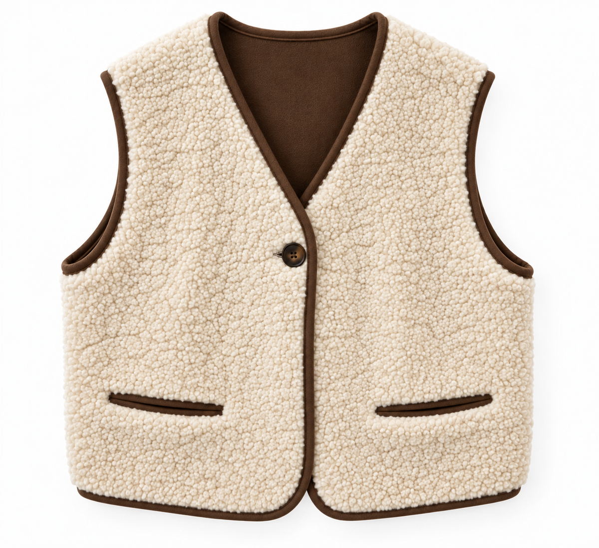 Gilet sans manches réversible chocolat femme — face bouclé crème et face suédine chocolat, Ma Petite Fantaisie