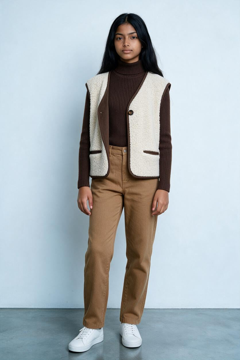 Gilet sans manches réversible chocolat porté ouvert sur col roulé chocolat et pantalon camel, femme, Ma Petite Fantaisie