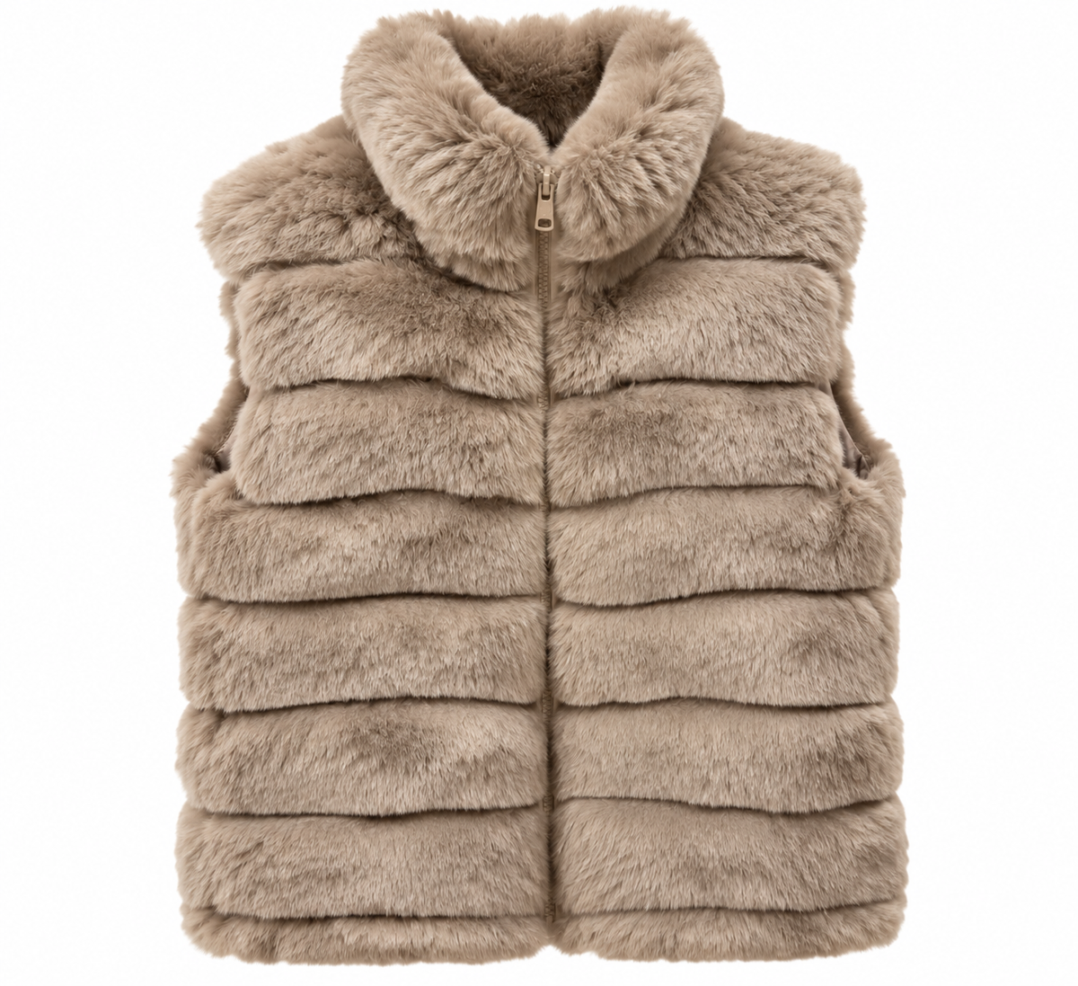 Gilet Amelia sans manches fourrure beige femme — col montant, fermeture zip doré, bandes horizontales, Ma Petite Fantaisie