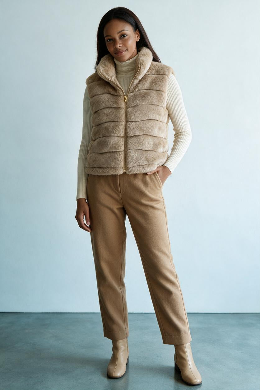 Gilet Amelia fourrure beige porté sur col roulé crème et pantalon camel, femme, Ma Petite Fantaisie