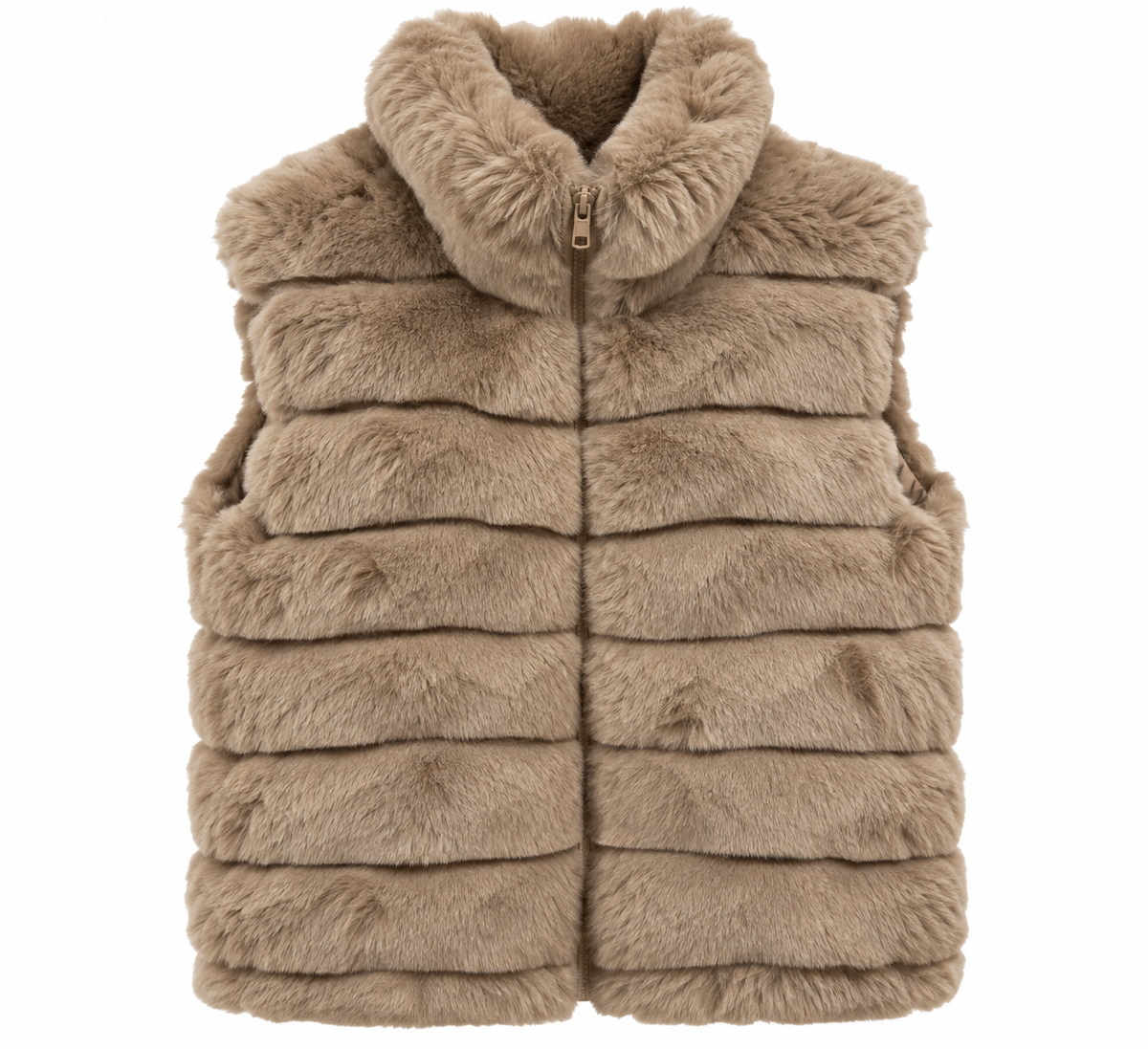 Gilet sans manches Amelia en fausse fourrure camel, col montant et fermeture zip doré – Ma Petite Fantaisie