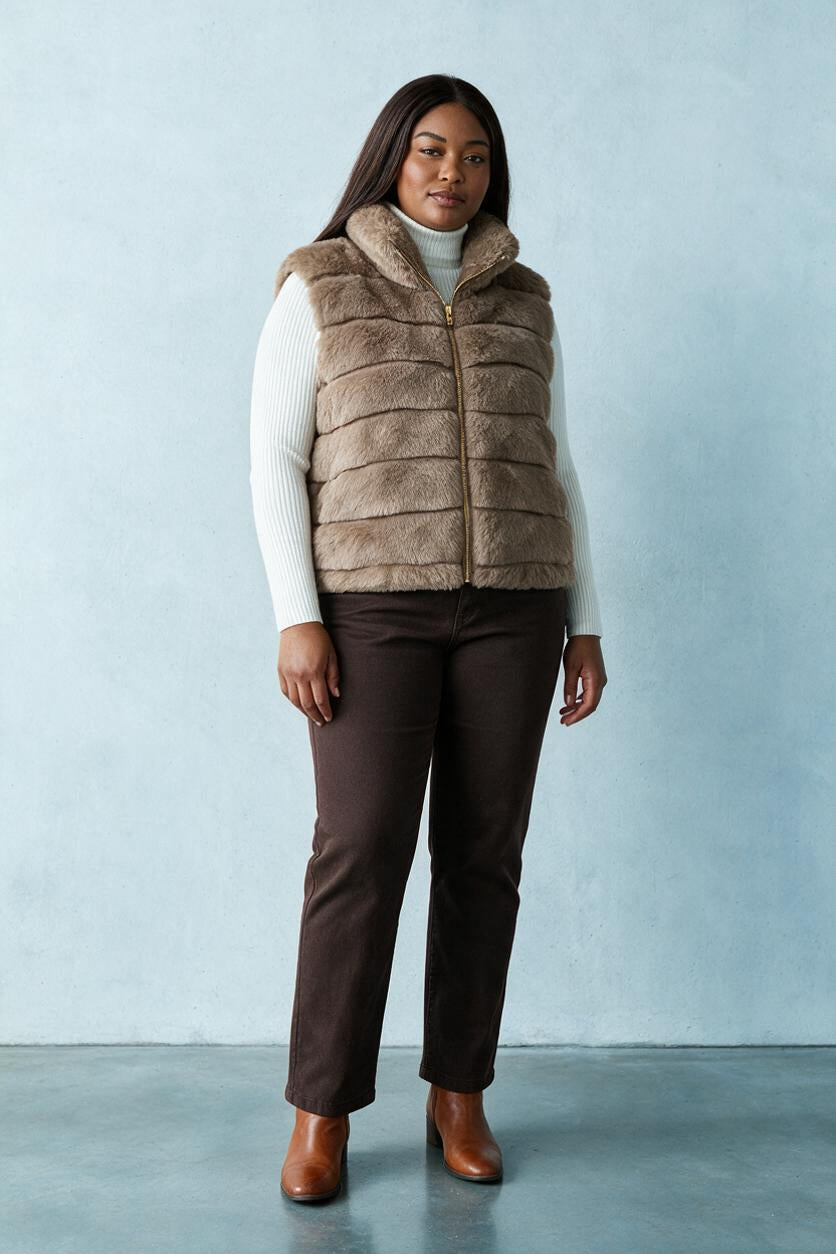 Femme portant le gilet Amelia fourrure camel avec col roulé blanc et pantalon chocolat – Ma Petite Fantaisie