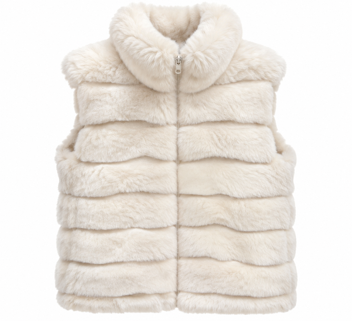 Gilet Amelia sans manches fourrure crème femme — col montant, fermeture zip argenté, bandes horizontales, Ma Petite Fantaisie
