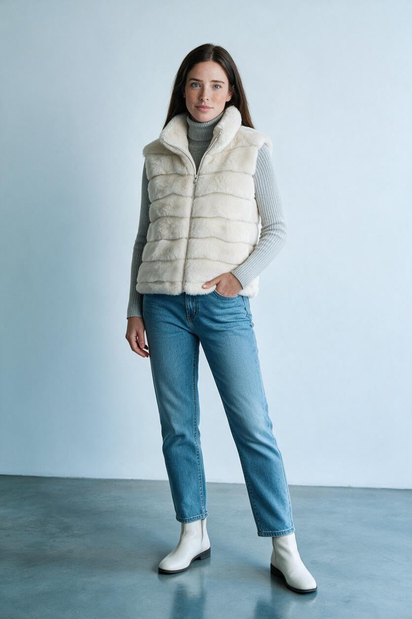 Gilet Amelia fourrure crème porté sur col roulé gris et jean droit bleu, femme, Ma Petite Fantaisie