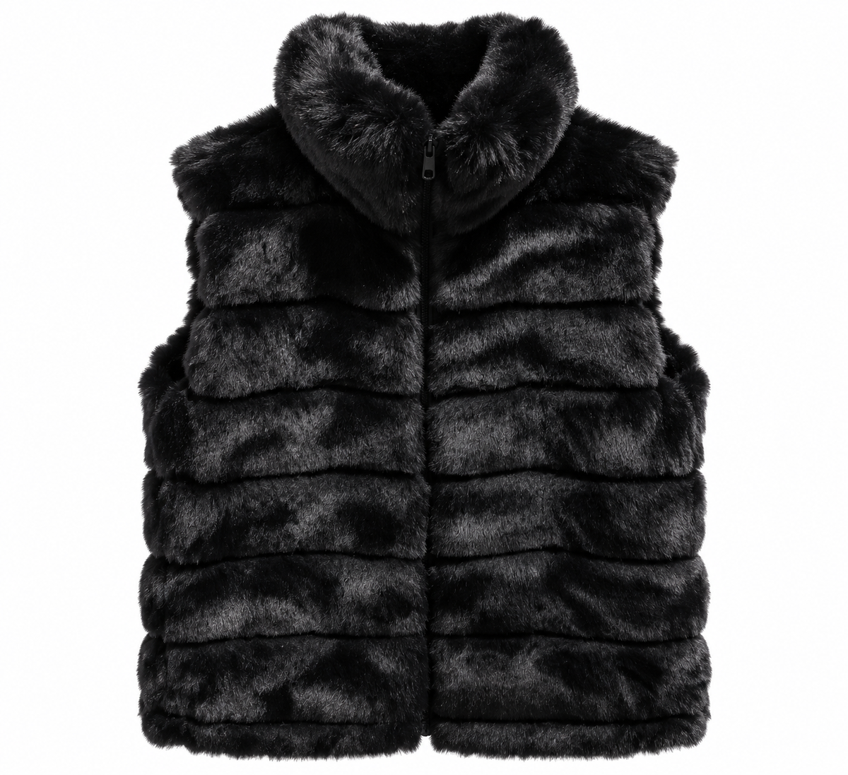 Gilet Amelia sans manches fourrure noir femme — col montant, fermeture zip, bandes horizontales, Ma Petite Fantaisie
