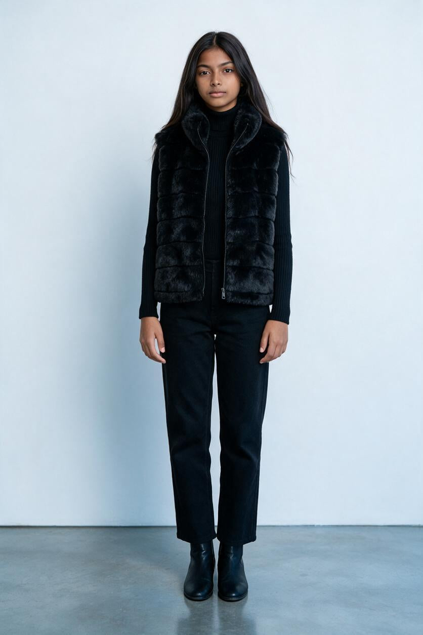 Gilet Amelia fourrure noir porté sur col roulé noir et pantalon noir, femme, Ma Petite Fantaisie