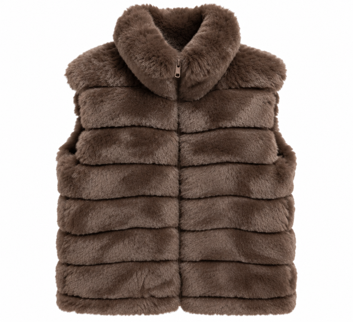 Gilet Amelia sans manches fourrure taupe femme — col montant, fermeture zip, bandes horizontales, Ma Petite Fantaisie
