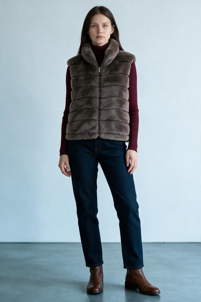 Gilet Amelia fourrure taupe porté sur col roulé bordeaux et jean marine, femme, Ma Petite Fantaisie