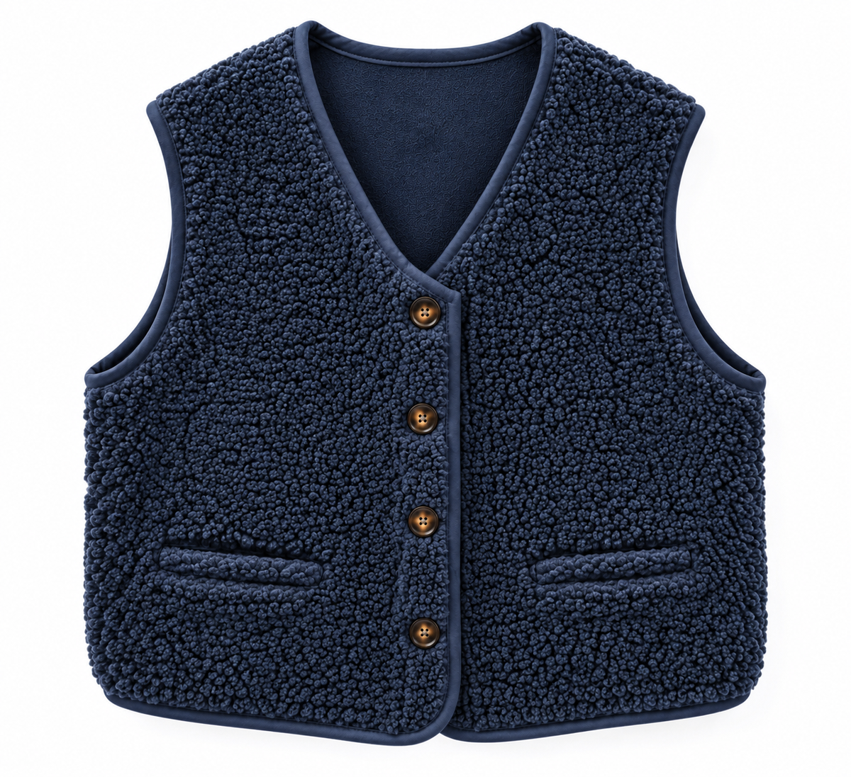 Gilet nature sans manches bleu marine femme — face bouclé et face suédine, 4 boutons, Ma Petite Fantaisie