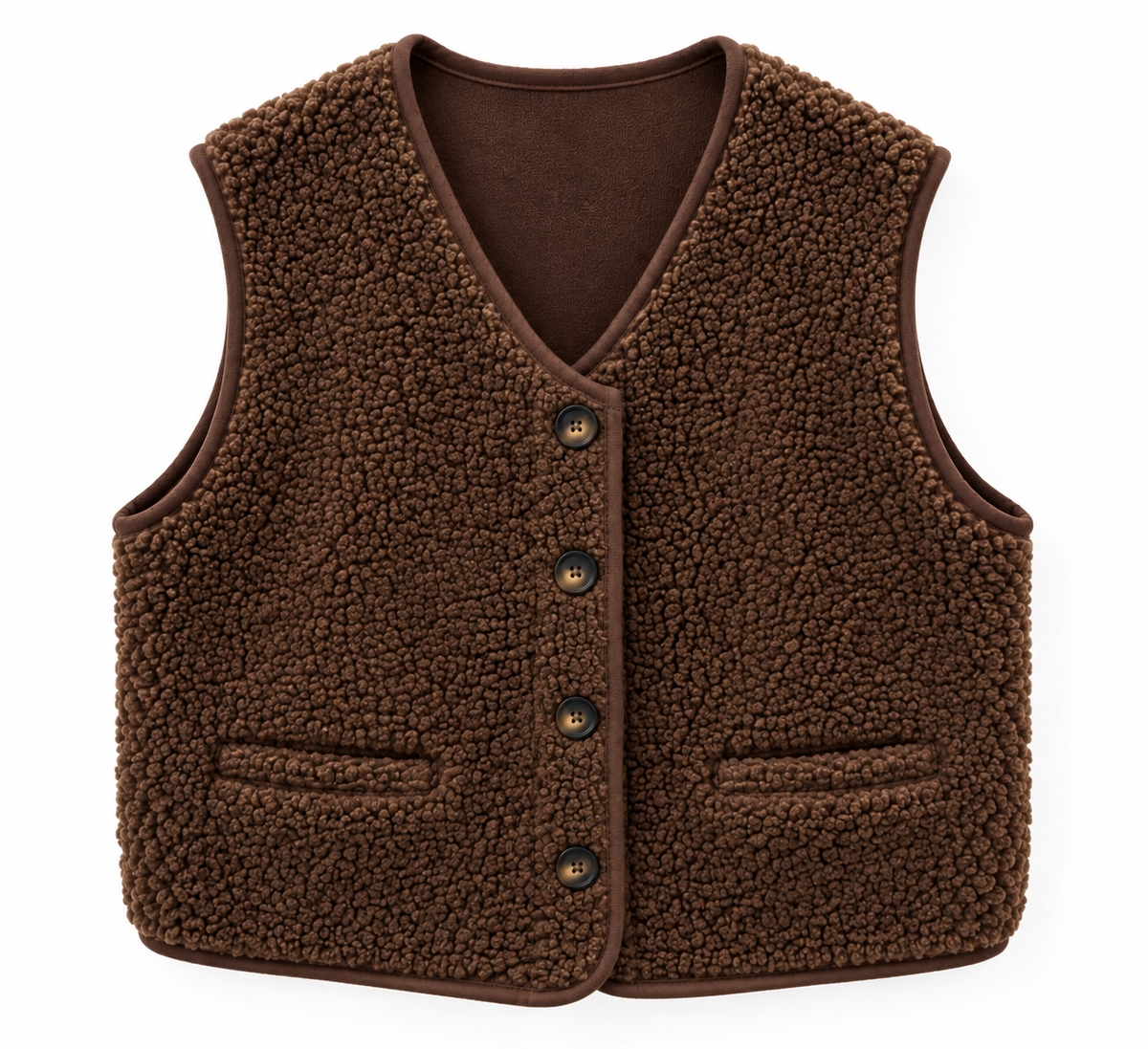 Gilet nature sans manches chocolat femme — face bouclé et face suédine, 4 boutons, Ma Petite Fantaisie