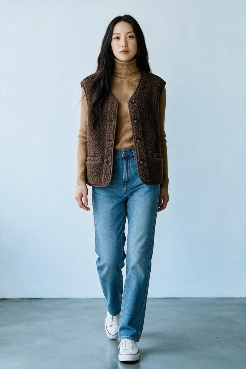 Gilet nature sans manches chocolat porté ouvert sur col roulé camel et jean droit bleu, femme, Ma Petite Fantaisie