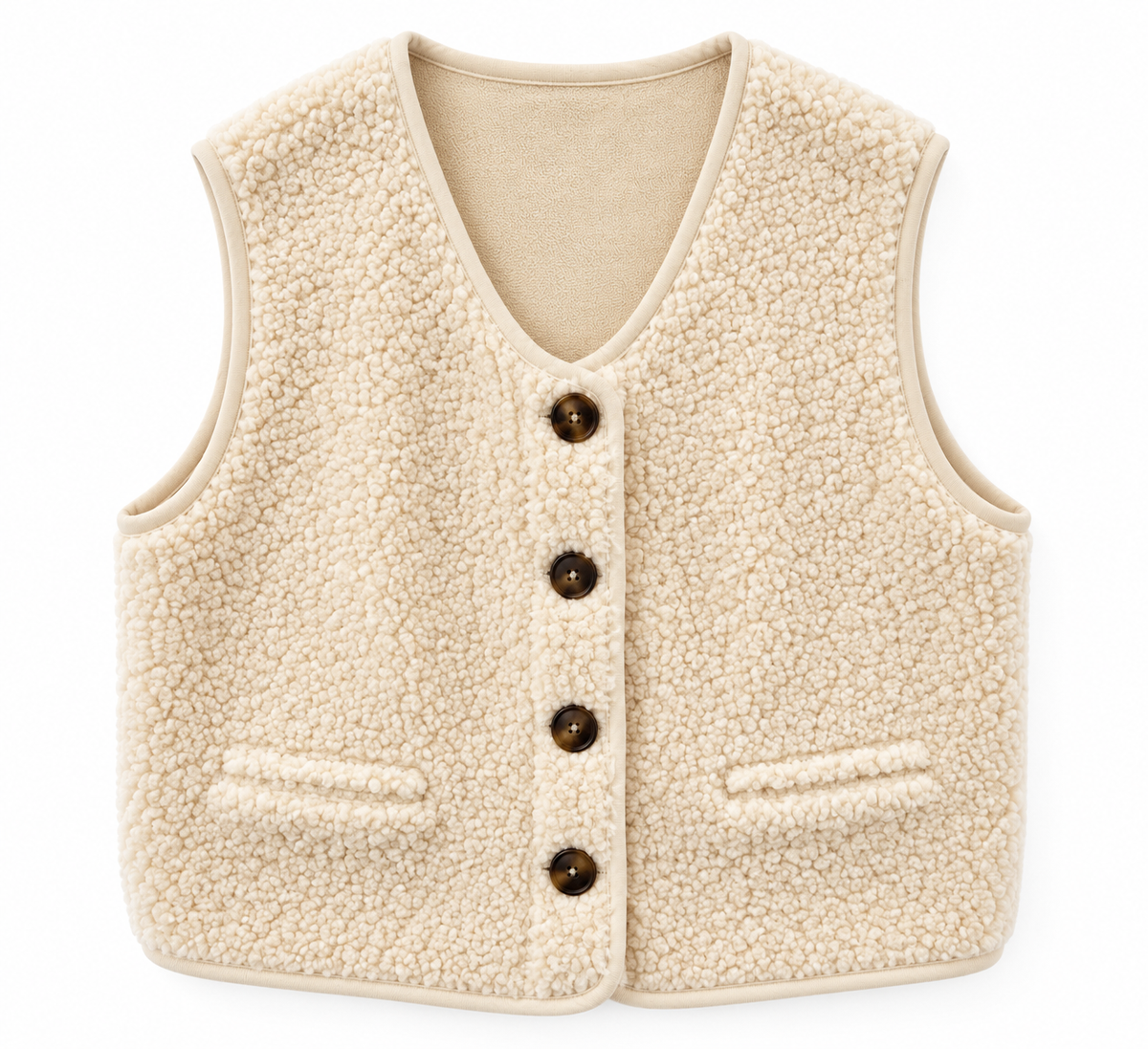 Gilet nature sans manches crème femme — face bouclé et face suédine, 4 boutons, Ma Petite Fantaisie