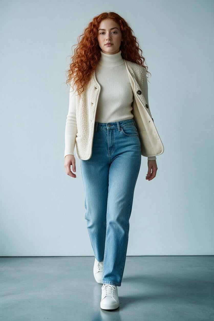 Gilet nature sans manches crème porté ouvert sur col roulé ivoire et jean droit bleu, femme, Ma Petite Fantaisie