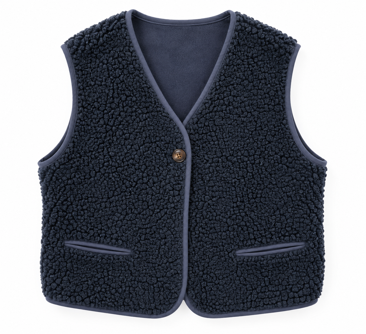 Gilet sans manches réversible bleu marine femme — face bouclé et face suédine, Ma Petite Fantaisie