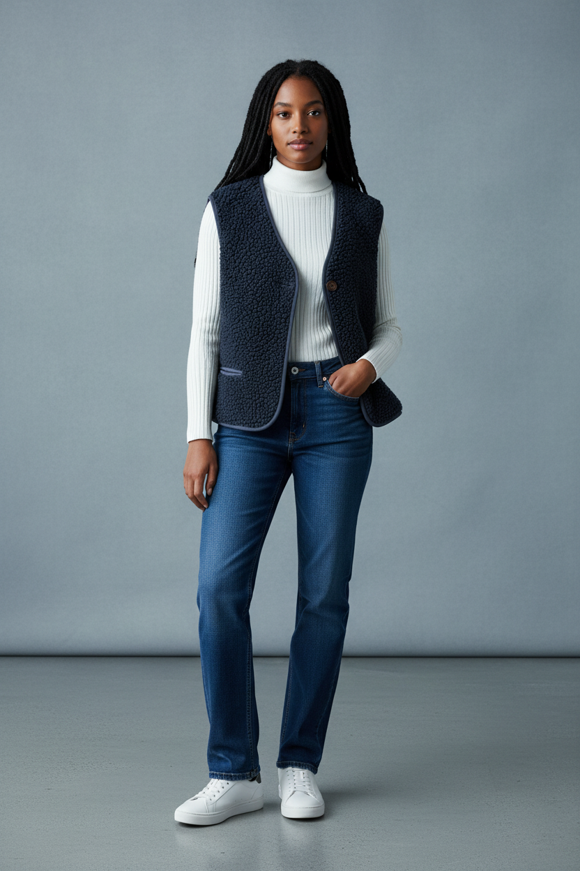 Gilet sans manches réversible bleu marine porté ouvert sur col roulé blanc et jean droit, femme, Ma Petite Fantaisie